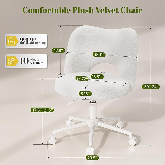 Vanity Chair with Wheels Armless, White Vanity Chair with Back,Ultra-Plush Fleece Cute Desk Chair, Small Office Chair Height Adjustable,for Make-up Room,Bedroom