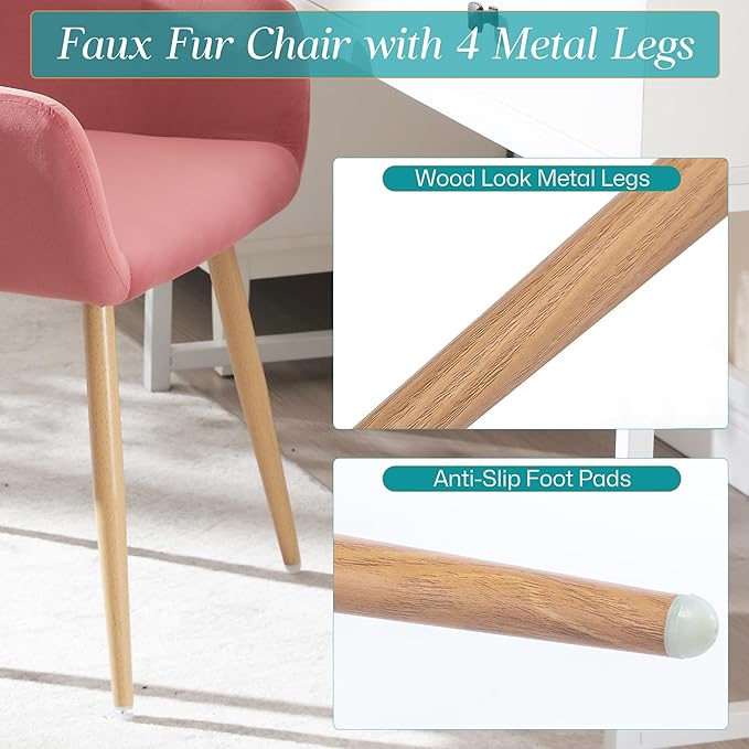 Home Office Velvet Desk Chair, Makeup Vanity Chair, Comfy Accent Armchair with Wood Grain Metal Legs, Cute Dining with Hollowed Back, Rose