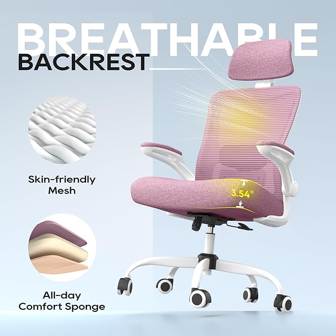 Ergonomic Office Chair, High Back Mesh Desk Chair with Adjustable Lumbar Support & Headrest, Flip-up Armrest, Computer Task Chairs for Home and Executive Office (W-Purple)