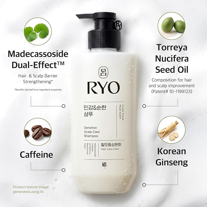 RYO Sensitive Scalp Care Shampoo with Korean Ginseng & Caffeine - Soothing and Relief for All Hair Type, Anti Loss Care, Dermatologist Tested, 16 Fl Oz.