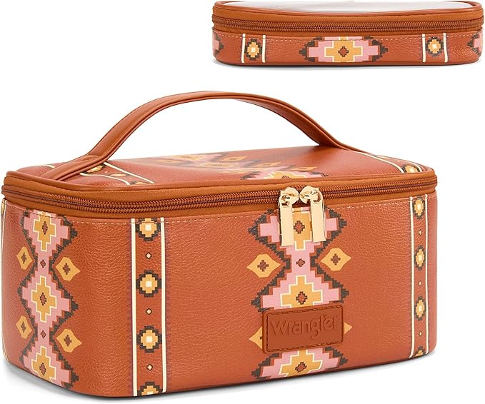 Montana West X Wrangler Travel Makeup Bag 2pcs Set Large Cosmetic Bag with Makeup Brush Holder Portable Make Up Organizer Cute Toiletry Bag with Divider and Handle for Women Aztec