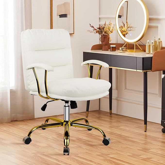 Leather Home Office Desk Chair, Mid-Back Vanity Chair Make Up Chair with Gold Wheels and Armrests, Rolling Swivel Computer Task Chair for Office Bedroom Living Room Girls Women, White, 2 Pack
