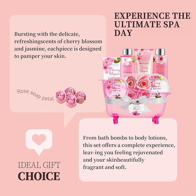 Body & Earth Spa Gifts for Women Self Care Kit - 8pcs Cherry Blossom & Jasmine Bath Sets for Women, Birthday, Mother's Day Gifts for Mother, Wife, Girlfriends