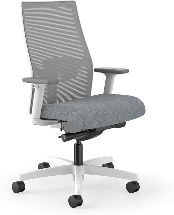 HON Ignition 2.0 Ergonomic Mesh Office Chair, Mid-Back, Synchro-Tilt, Home Office Desk Chairs, Basalt Seat Fabric, Fog Mesh, White Frame, Titanium Grey Adjustable Lumbar