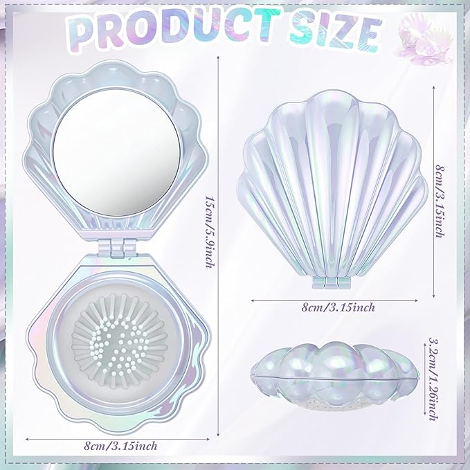 Meanplan 12 Pcs Mermaid Party Favors Shell Hair Brush with Mirror Foldable Mini Travel Pocket Hair Brush Compact Makeup Comb for Women Girls Valentines Day Birthday Gifts(White)