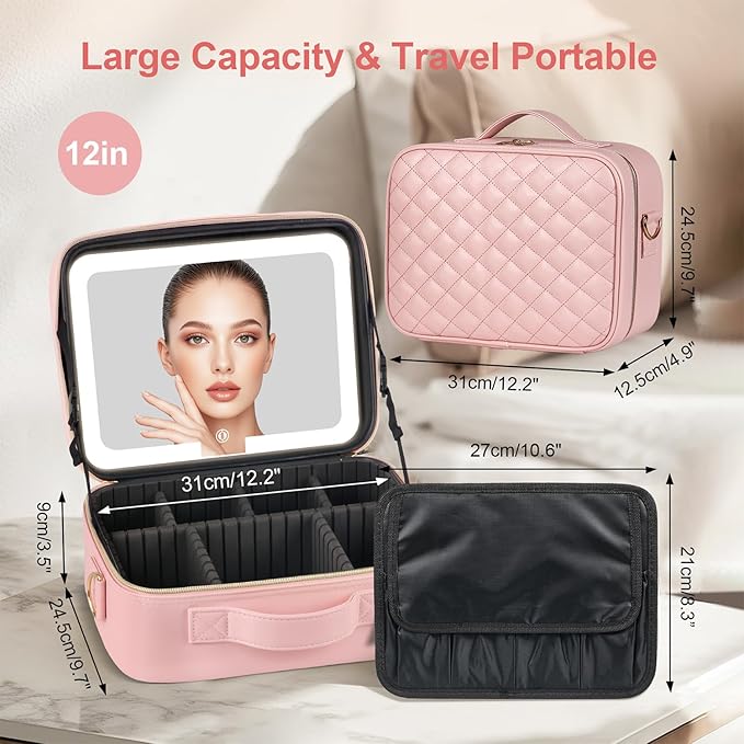 BEAUTY CASE Makeup Bag with Led Mirror, 12 Inch Portable Travel Cosmetic Organizer Case with Adjustable Dividers, USB Charging, Large Capacity, Ideal for Travel, Gift for Women Girls, Pink