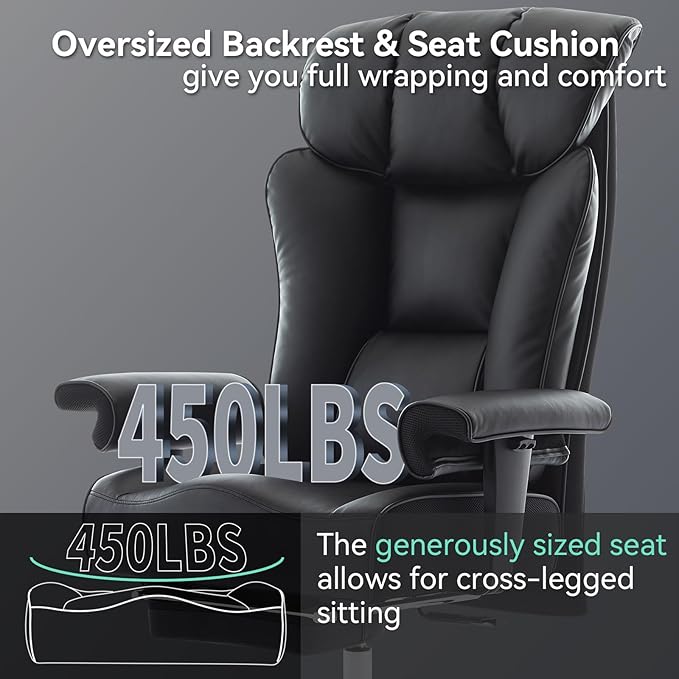 Efomao Big and Tall Office Chair 450lbs, 5.9" Thick Pocket Spring Executive Office Chair with Footrest, High Back PU Leather Desk Chair, Wide Seat Computer Chair, Black