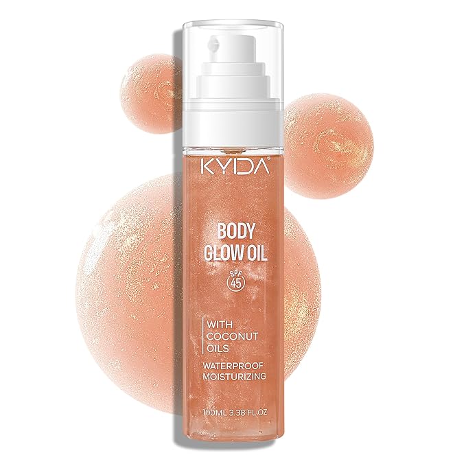 Sunscreen Body Glow Oil, Broad Spectrum SPF 45, Lightweight Waterproof Moisturizing Coconut Shimmer Oil with Gold Mica, Travel Size Summer Sunscreen Skin Illuminator-ROSE, 3.38 fl oz
