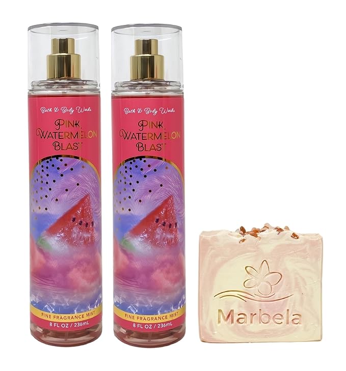 Bath & Body Works Pink Watermelon Blast 2 Pack Fragrance Mist Bundle with a Himalayan Salts Springs Bar Soap - Full Size