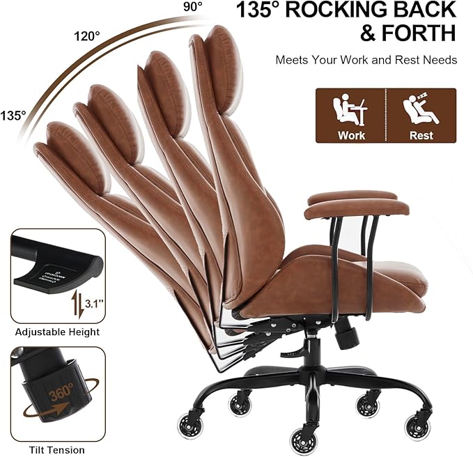 Office Chair, Leather Desk Chair with Rubber Wheels, Ergonomic Computer Chair 500 LBS with Lumbar Support, High Back Executive Chair for Modern Home Office, Brown