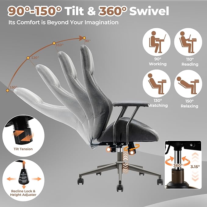 ovios Ergonomic Office Chair, High Back Faux Leather Executive Chairs with Armrests, Comfy Mid-Century Modern Swivel Rolling Computer Armchair (Dark Grey, Suede Leather)