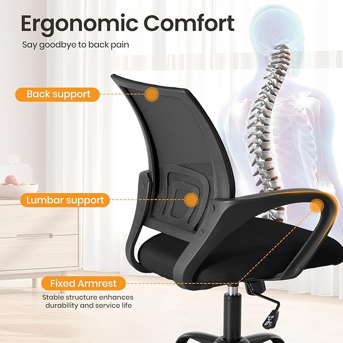 NEWBULIG Computer Desk Office Chair, Ergonomic Mid-Back Swivel Rolling Chair with Breathable Backrest and Lumbar Support Wheels, Mesh Office Chairs for Adults Home Task Gaming， Black 1 Pack