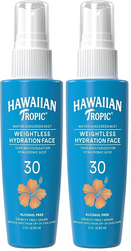 Hawaiian Tropic Weightless Hydration Water Mist for Face SPF 30, 2.1Fl Oz, Travel Size SPF Face Hydrating Spray, Non-Comedogenic Sunscreen Facial Mist, Non-Aerosol Sunscreen Spray, 2.1Fl Oz(Pack of 2)