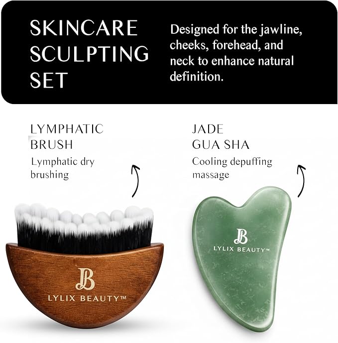 Lymphatic Contour Face Brush & Jade Gua Sha | Lymphatic Drainage Brush for Face & Neck | Dry Brush for Face, Sculpting & Depuffing - Face Lymphatic Drainage Tool for Skin Care