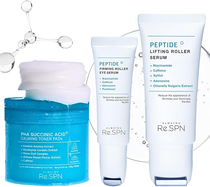 Re.SPN PHA Succinic Acid Calming Toner Pads + Re.SPN Peptide Duo - Daily Exfoliating, Hydrating and Soothing, Wrinkles & Dark Circles with Gua Sha Applicator, Vegan, Eye Peptide, Niacinamide, K-Beauty