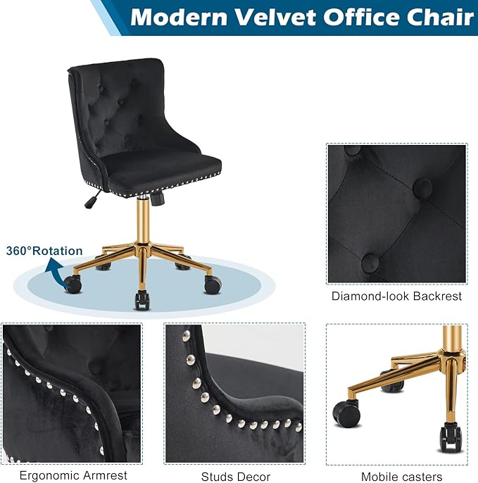 VINGLI Black Velvet Armless Home Office Desk Chair with Gold Base/Wheels, Small Cute Vanity/Makeup Chair with Back for Bedroom, Upholstered Adjustable Rolling Swivel Nail Chair for Women/Girls