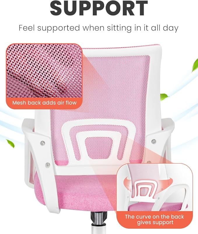 NEO CHAIR Office Desk Computer Chair Ergonomic Mesh Gaming Mid Back Seat with Comfy Lumbar Support Adjustable Height Swivel for Home Task (Pink)