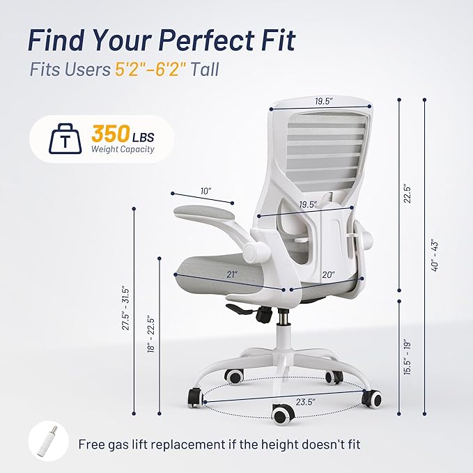 Office Chair for Long Hours & Lower Back Pain Relief – 4" Thick Molded Foam Cushion, Padded Lumbar Support and Flip-up Armrests, Ideal for Office or Study (Modern, Light Gray)
