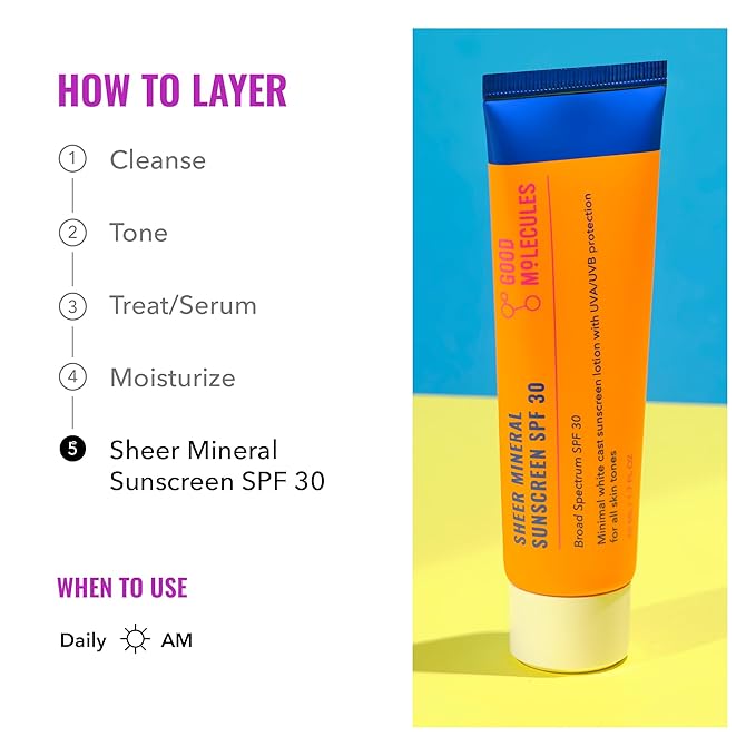 Good Molecules Sheer Mineral Sunscreen SPF 30 - Minimal White Cast Zinc Oxide Sunscreen For Face - Hydrating Hyaluronic Acid, UVA/UVB Protection, Reef-Safe