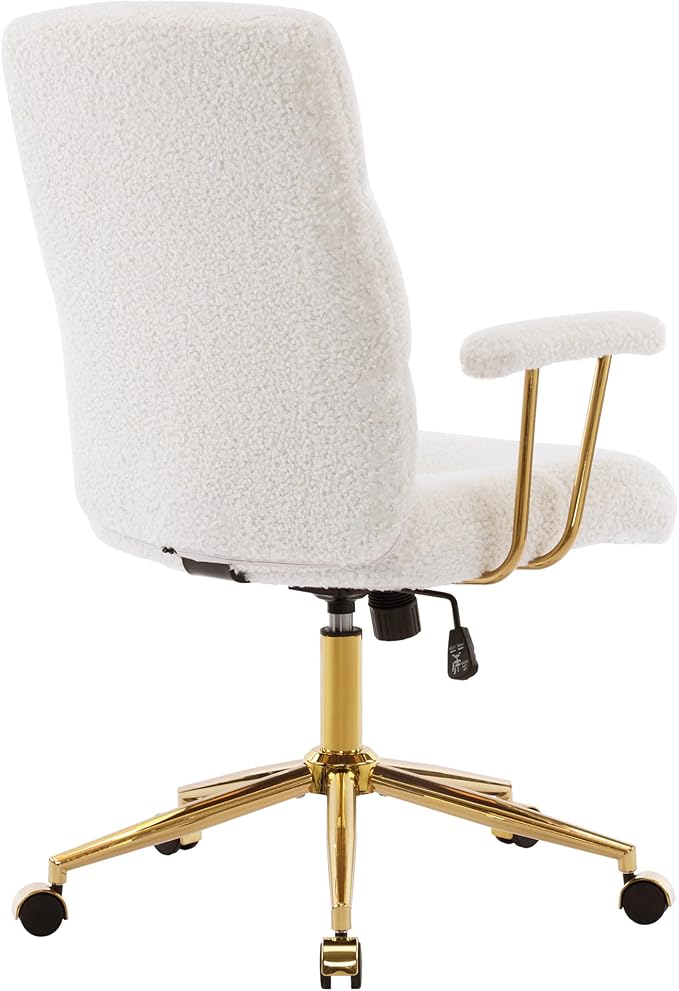 Elegant White and Gold Fuzzy Office Chair with Textured Boucle Fabric, Modern Desk Chair with Padded Seat, Height Adjustable with Durable Gold Base