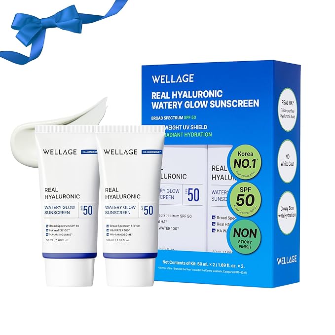 WELLAGE Real Hyaluronic Watery Glow Sunscreen Double Set SPF50 - Broad Spectrum UV Protection with 6 Types Hyaluronic Acid, No White Cast, K-Beauty Face Sunscreen, 1.69 fl.oz x 2 Pack