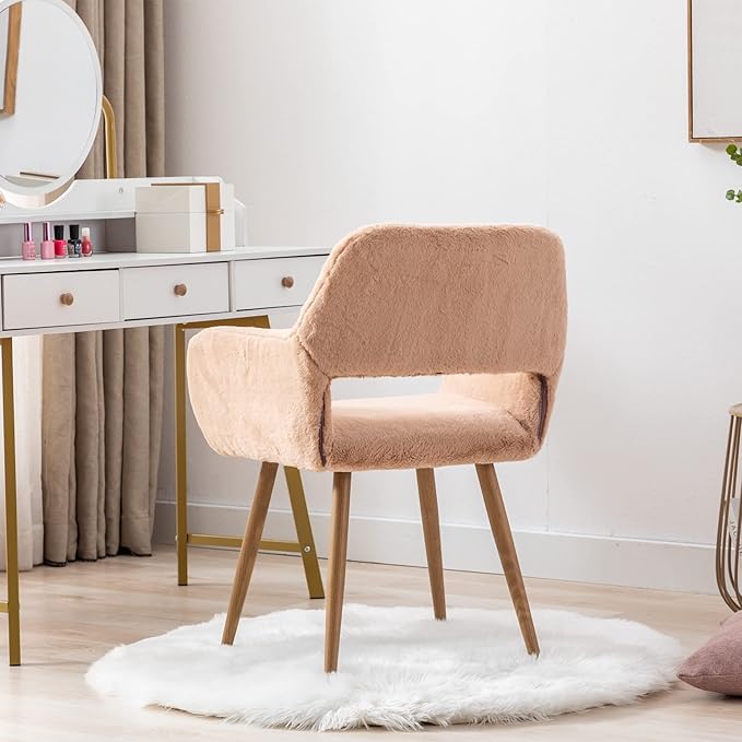 KCC Furry Desk Chair Set of 2, Mid-Century Modern Accent Faux Fur Chair for Teen Girls, Comfy Armchair with Wood Look Metal Legs for Living Room, Home Vanity Makeup Office Desk Chairs No Wheel,Camel