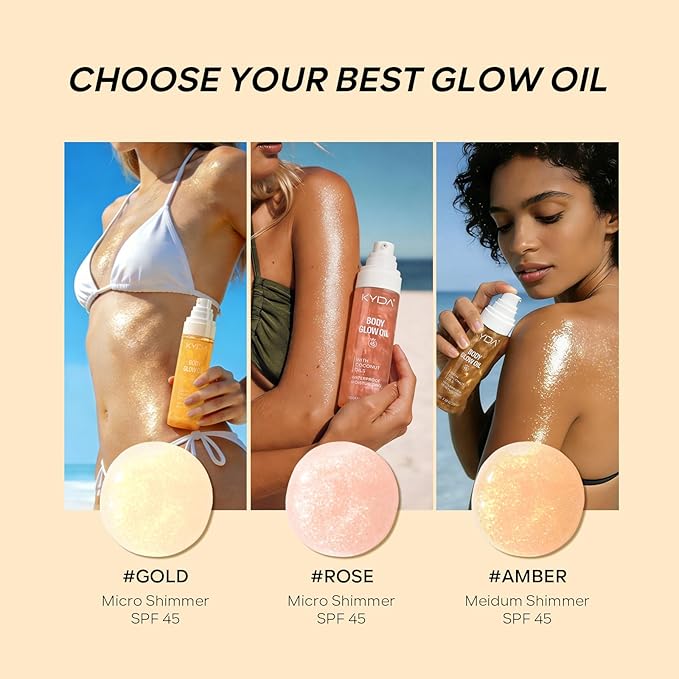 KYDA Travel Size Sunscreen,SPF 45 Sunscreen Spf Body Oil with Gold Mica, Sun-kissed Glow Skin Illuminator, Moisturizing Coconuts Summer Sunscreen, Water Resistant, 3.38 fl oz, AMBER