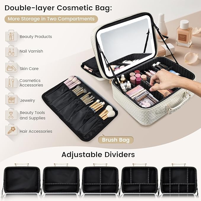 Makeup Bag with LED Lighted Mirror 12.2 IN Cosmetic Train Case Double Layer Makeup Case Adjustable Brightness in 3 Colors Cosmetic Organizer Artist Storage with Brush Holder Vanity Beige