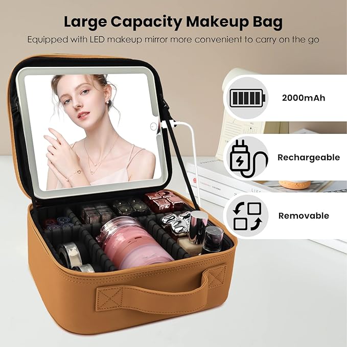 Makeup Bag with Led Mirror,Portability Cosmetic Case Portable Cosmetic Brush Organizer Bag with Adjustable Dividers,Gift for Women,Girls Gift (Light Brown)