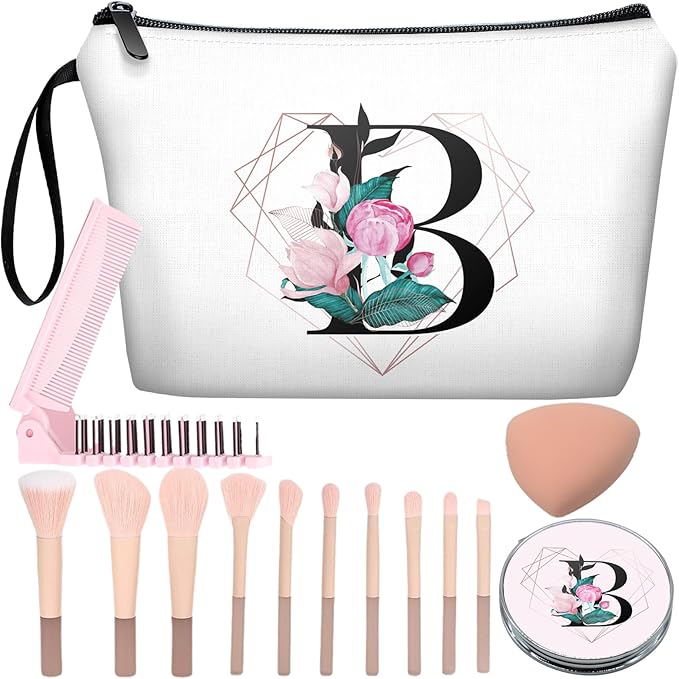 Personalized Initial B floral Makeup Bag set with Mirror for Women,White Ietter Bride Bridesmaid travel Cosmetic bag kit with10 pieces pink brush set,Initial Gifts for Girls Mom femal Friends