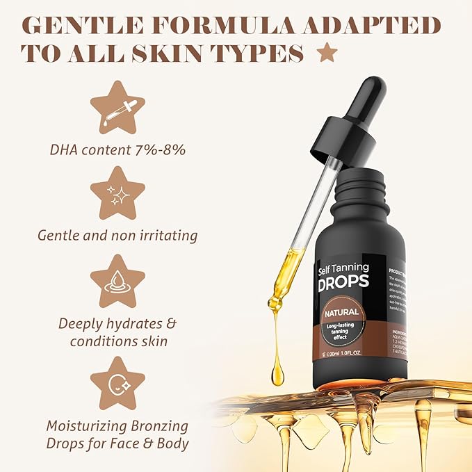 Self Tanning Drops, Sunless Bronzing Tanner for Face & Body, Moisturizing Tanner for All Skin Types and Tones, Natural Sun-Kissed | Bronzer Glow, 1 Fl Oz