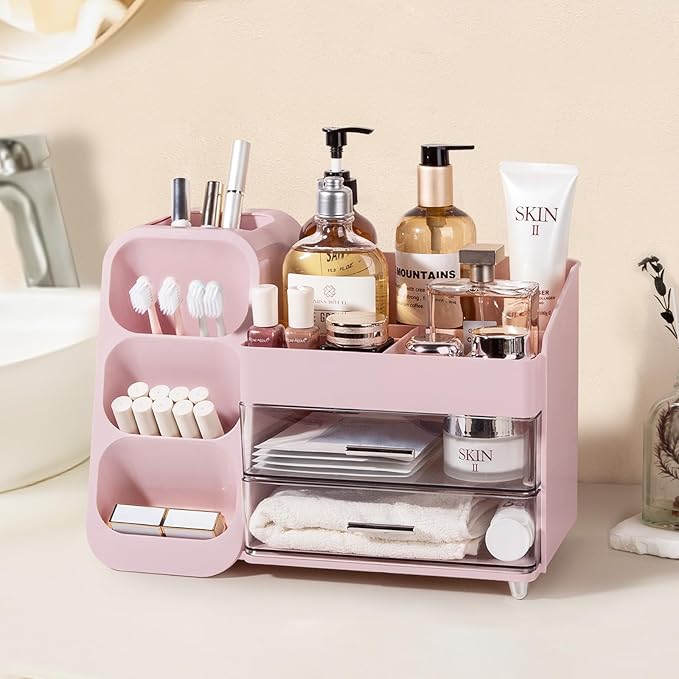 Anyoifax Makeup Organizer Countertop with Large Drawers, Vanity Organizer with Brush Holder, Skin Care Storage for Dresser, Perfume Organizer for Lotion, Lipsitck, Palette, Pink