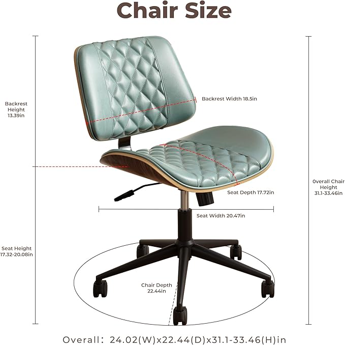 Home Office Chair No Arms with Wheels, Armless Adjustable Height Small Desk Chair, Armless PU Leather Computer Chair Mid Back 360 Swivel, Modern Walnut, Reading Meeting Room (Green)