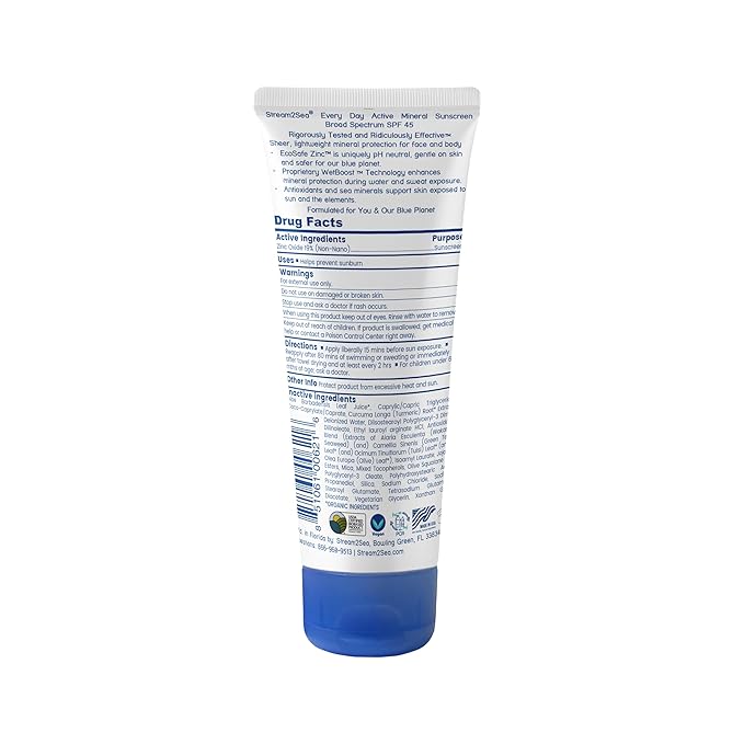 SPF 45 Every Day Active Mineral Sunscreen | 2.5 Fl Oz Biodegradable & Reef Safe Sunscreen for Face & Body | Non-Greasy, Lightweight & Sheer Mineral Protection Against UVA & UVB by Stream2Sea