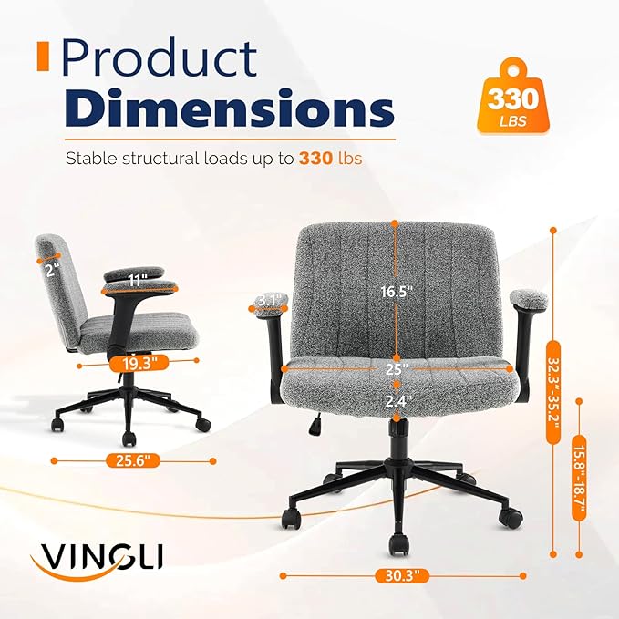 VINGLI Criss Cross Chair with Adjustable Flip-Up Arms,Cross Legged Chair with Wheels, Extra Wide Office Chair,Cozy Desk Chair for Home Office, Vanity, Apartment,Chenille Velvet,Grey
