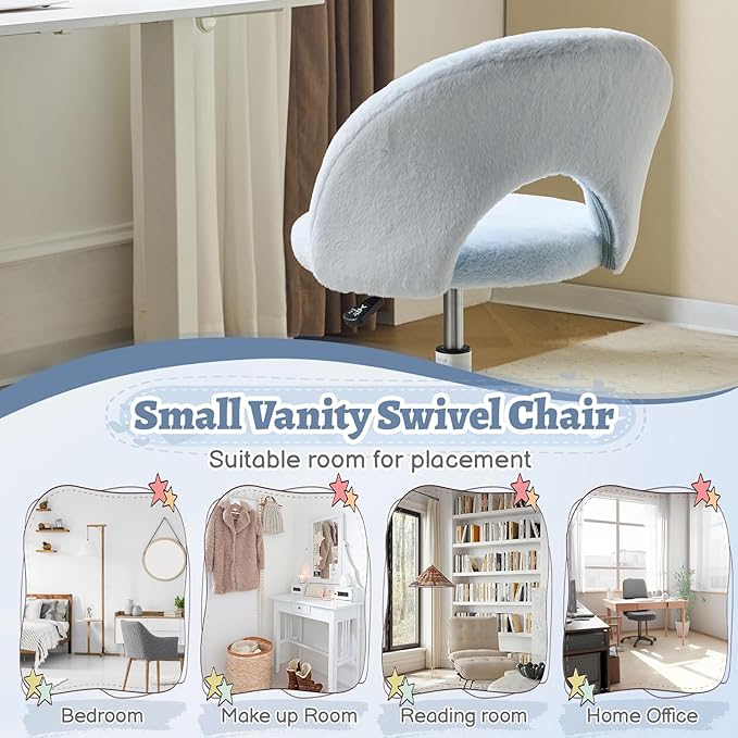 VINGLI Small Vanity Chair with Faux Fur Wheels for Girls,Cute Adjustable Height Armless Office Desk Chair,360°Swivel Comfy Rolling for Study,Make up Room,Small Space,Blue