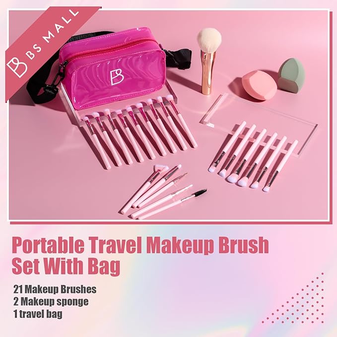 BS-MALL Makeup Brush Set 21 Pcs With Powder Brush, Concealer Brush, Eyeshadow Brush & Blush Brush - Includes 2 Pcs Big Blending Sponge & Stylish Travel Makeup Brush Case For Flawless Application
