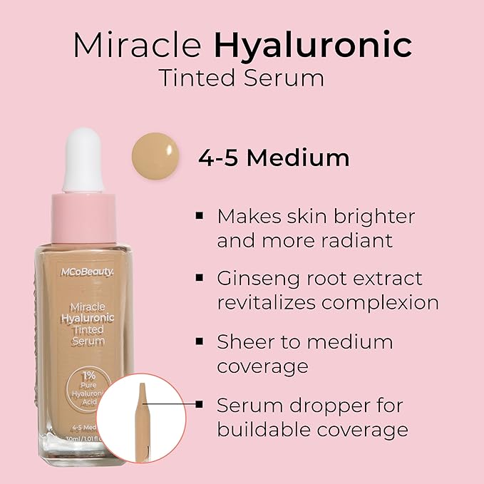 MCoBeauty Miracle Hyaluronic Tinted Serum 4-5 Medium - Hydrating Skin Tint Foundation with Hyaluronic Acid Ginseng - Buildable Sheer to Medium Coverage Dewy Finish - Vegan Cruelty Free Makeup