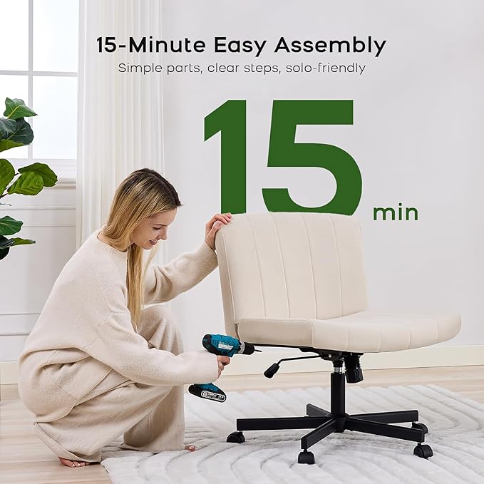 LukkDys Criss Cross Chair with Wheels, Wide Cross Legged Desk Chair, Comfy Fabric Vanity Chair for Home Office Bedroom, Adjustable Armless Swivel Task Chair with 90–115° Tilt, Beige