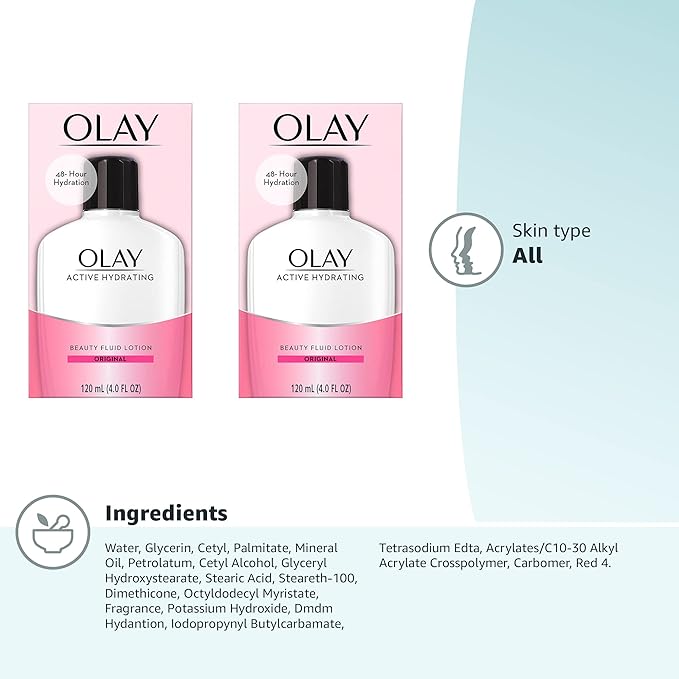 Olay Face Moisturizer, Active Hydrating Beauty Fluid Lotion, Original Facial Moisturizer, 4 Oz. (Pack of 4)