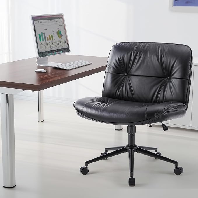 OLIXIS Criss Cross Chair with Wheels Armless Wide Cross Legged Vanity Office Desk Chair with Comfy PU Leather& Back - Swivel for Home Office Bedroom, Black