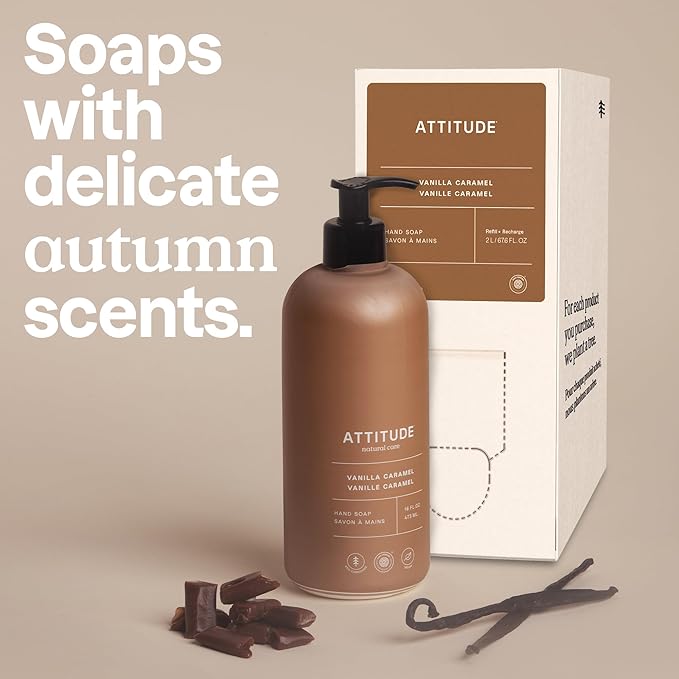 ATTITUDE Liquid Hand Soap Refill, EWG Verified, Plant and Mineral-Based, Vegan Personal Care Products, Vanilla Caramel Scent, 67.6 Fl Oz