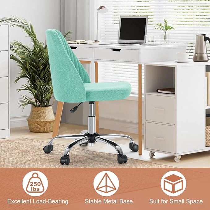 DUMOS Office Chair, Comfy Desk Chair Rolling Vanity Swivel Task Chairs with Wheels, Wide Seating Armless Height Adjustable Computer Chairs for Home,Bedroom,Student,Adults, Aqua