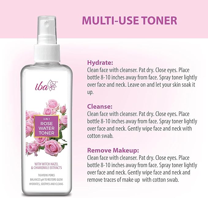 Rose Water Toner Spray for Face – 3-in-1 Hydrating Facial Mist with Witch Hazel & Chamomile – Pore Tightening, pH Balancing, Soothing & Refreshing – Natural Glow Skin Care for All Skin Types