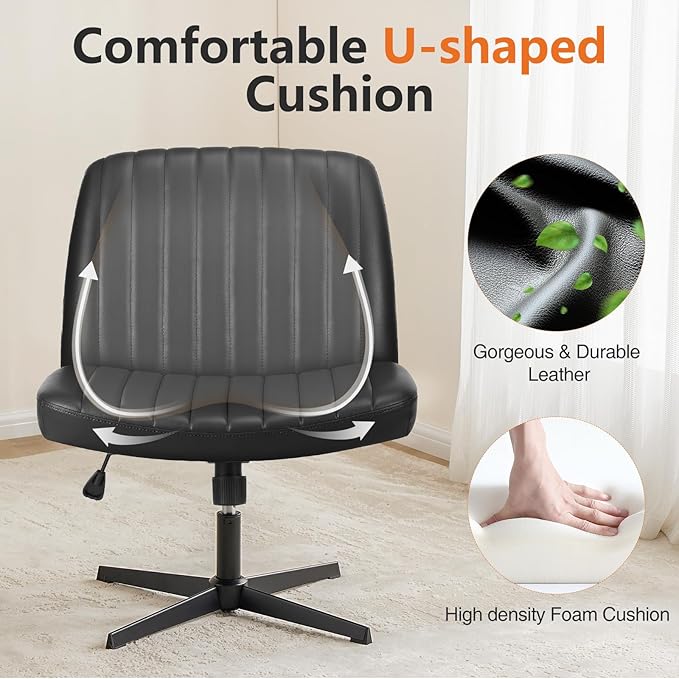 Sweetcrispy Criss Cross Chair Legged, Armless Office Swivel Desk Chair No Wheels, Vanity Height Adjustable Wide Seat Faux Leather Computer Task Seating for Home Bedroom