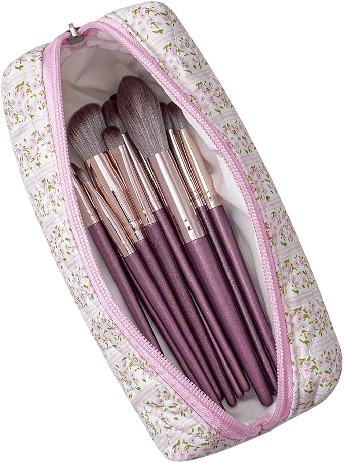 Cute Floral Cotton Makeup Brush Cosmetic Bag for Women, Travel Quilted Zipper Make Up Bag, Flowers Toiletry Organizer Case Kawaii Makeup Cosmetic Travel Cloth Pouch (Pink+Blue Floral)