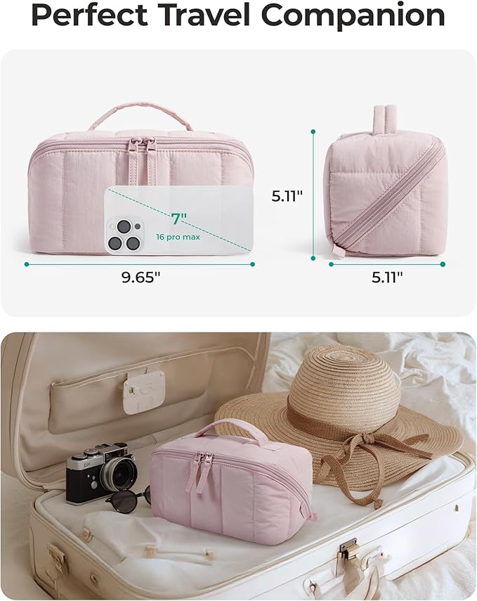 BAGSMART Travel Makeup Bag for Women, Portable Water-resistant Cosmetic Case, Puffy Padded Make Up Organizer Pouch, Open Flat Toiletry Bag for Toiletries, Brushes, Green
