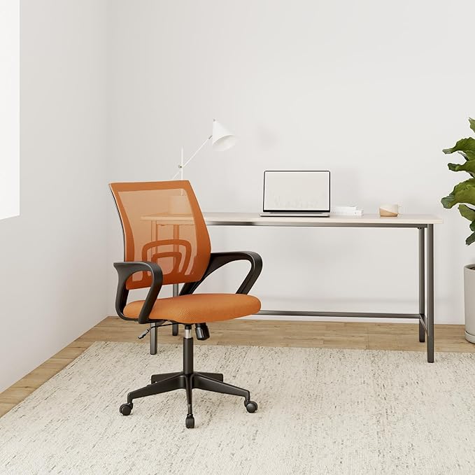 BestOffice | Ergonomic Office Chair | Mid-Back Swivel Desk Chair | Breathable Backrest & Lumbar Support | Adjustable Height | Sponge Seat | Rolling Wheels | Orange | for Adults & Women