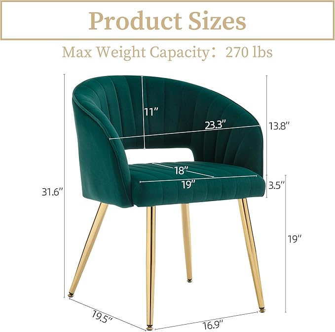 Westice Velvet Home Office Desk Chair Set of 1, Modern Tufted Vanity Chairs with Gold Metal Legs, Upholstered Accent Armchair for Living Room Restaurant, Dark Green