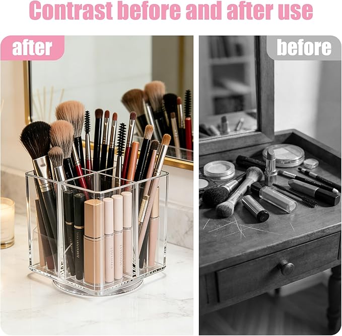 Acrylic Makeup Brush Holder, Clear Rotating Makeup Brush Holder Organizer, 4 Slot Square Make up Brush Stand for Vanity Desk Countertop Bathroom